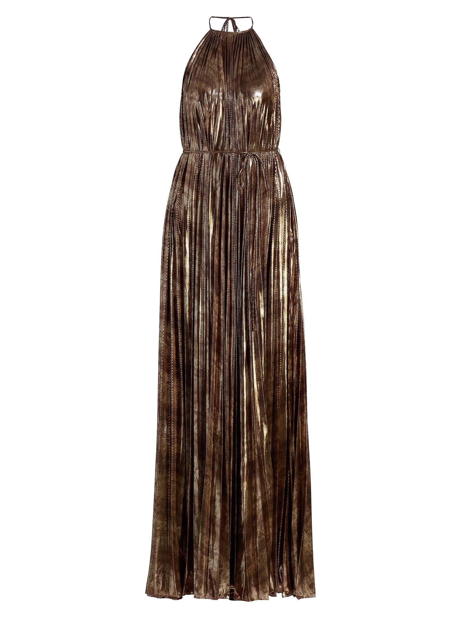 Halston Maxine Metallic Plissé Halter Gown
