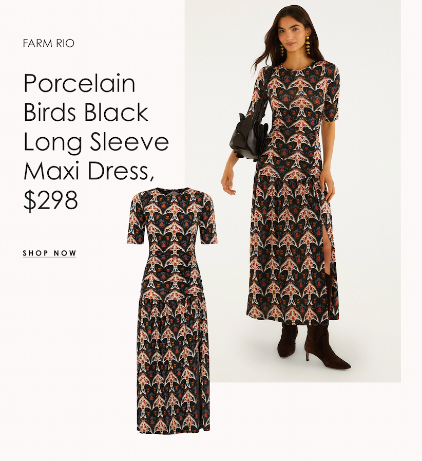 Graphic featuring the Farm Rio Porcelain Birds Black Long Sleeve Maxi Dress, shown on a model and as a product image, priced at $298.