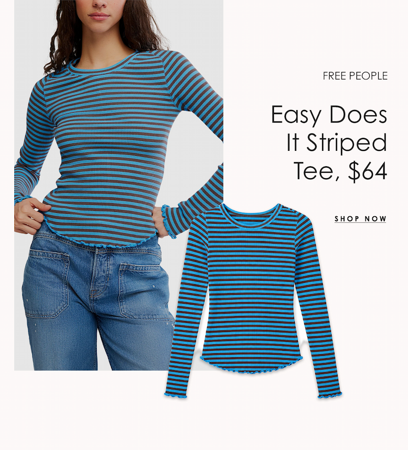 Graphic featuring the Free People Easy Does It striped long-sleeve tee, shown on a model and as a product image, priced at $64.