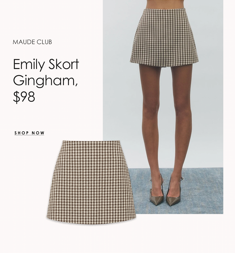 Friday Drop graphic featuring the Maude Club Emily Skort in brown gingham, shown on a model and as a product image, priced at $98.