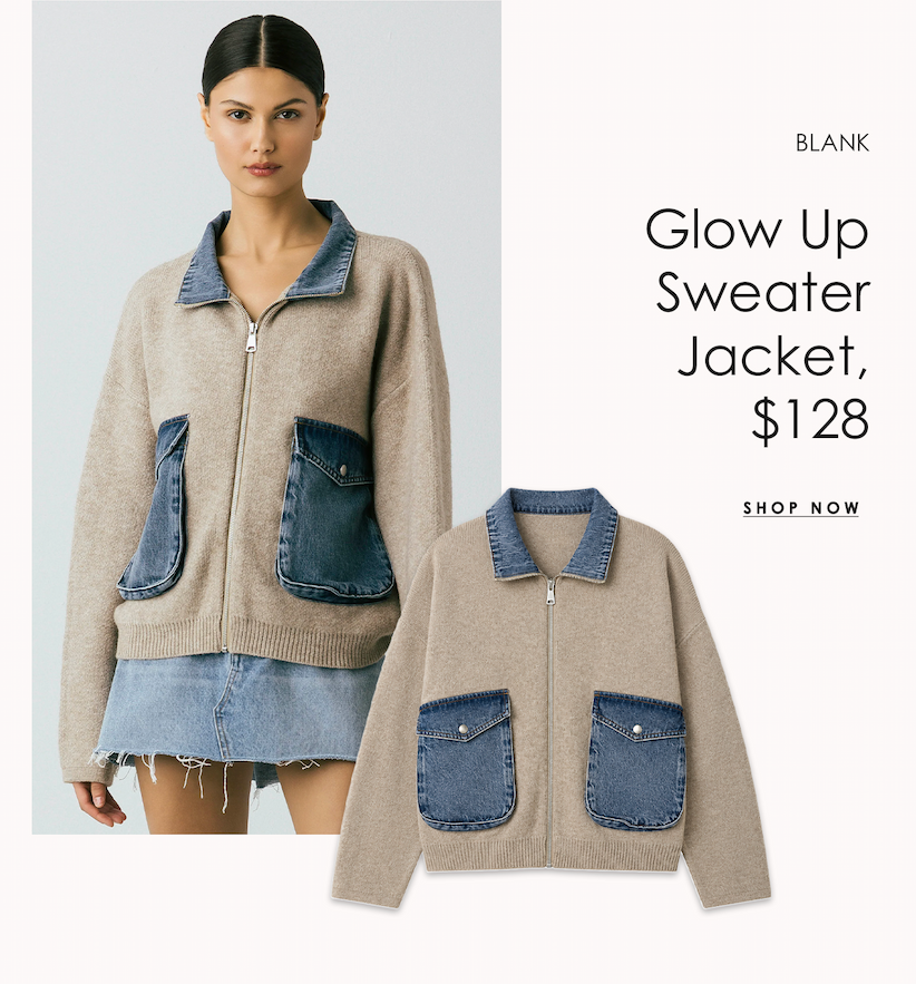 Friday Drop graphic featuring the Blank Glow Up Sweater Jacket with denim collar and pockets, shown on a model and as a product image, priced at $128.