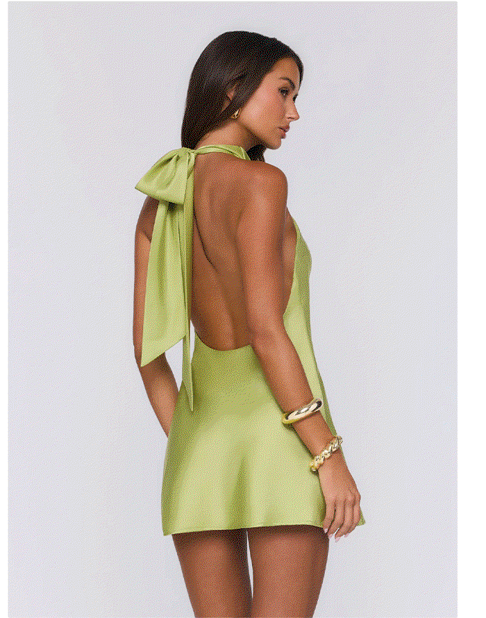 Power Walk Satin Halter Mini Dress Lime Green