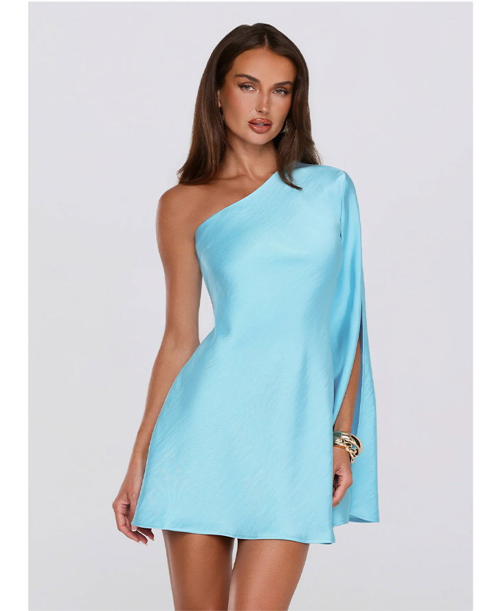 Pearl Radiance One Shoulder Satin Mini Dress Blue