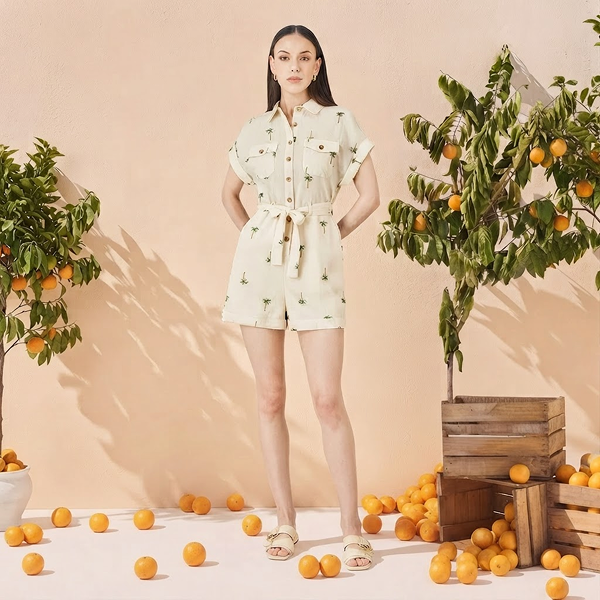 White Embroidered Palm Print Cotton Playsuit 
