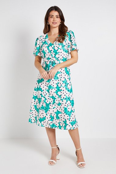 Floral Polka Dot Tie Front Midi Dress