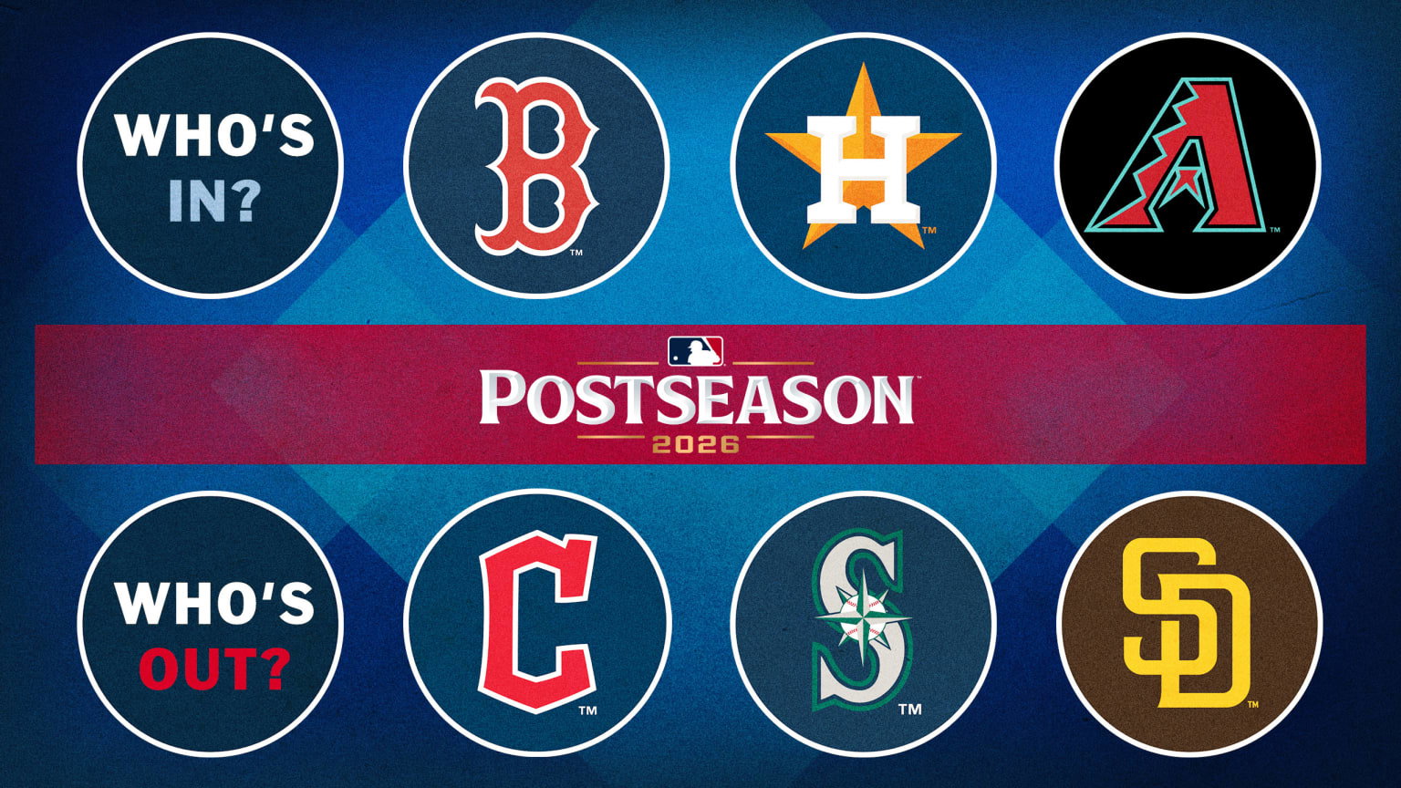 Logos for the Red Sox, Astros and D-backs who are in the postseason, and the Guardians, Mariners and Padres, who are not