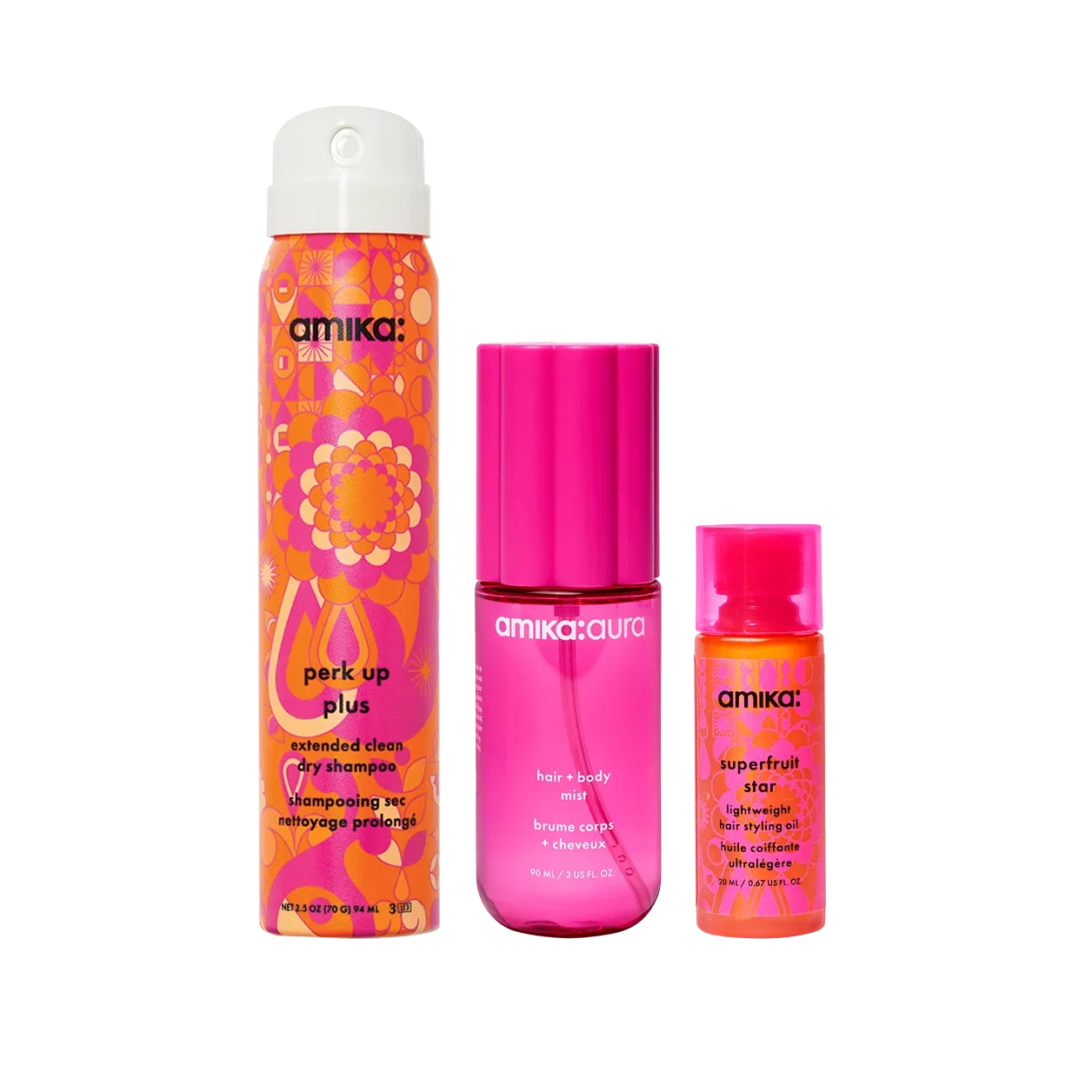 Image of refresh, prep + mist set |  amika:aura hair + body mist, perk up plus dry shampoo, superfruit star styling oil