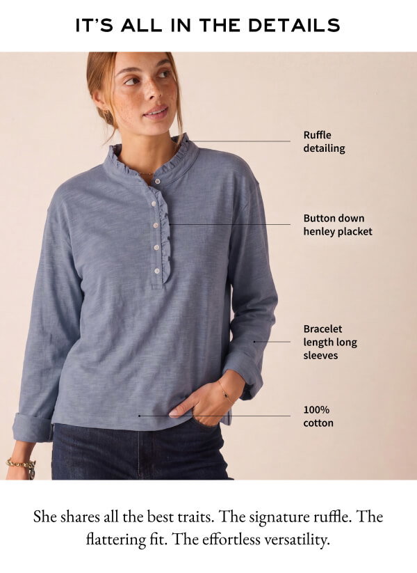 It's all in the details - Image of a woman wearing a blue long sleeve tee with ruffles and details called out.