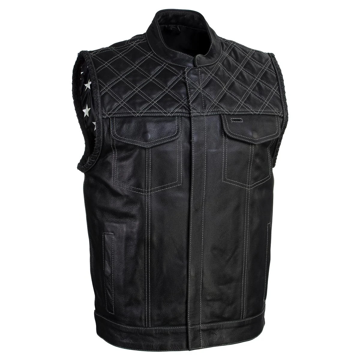 Image of Milwaukee Leather LKM3784 Men's Classic Black Leather Motorcycle Rider Vest Stars and Stripes Design w/ USA Flag Liner