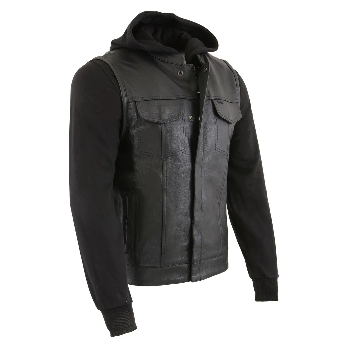 Image of Milwaukee Leather LKM3714 Men's Black Club Style '2 in 1' Zipper Leather Vest with Removable Full Sleeve Hoodie