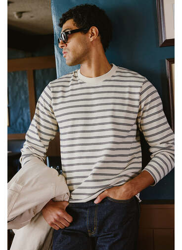 Arlo Long Sleeve Breton T Shirt | Organic Cotton | White Stripe