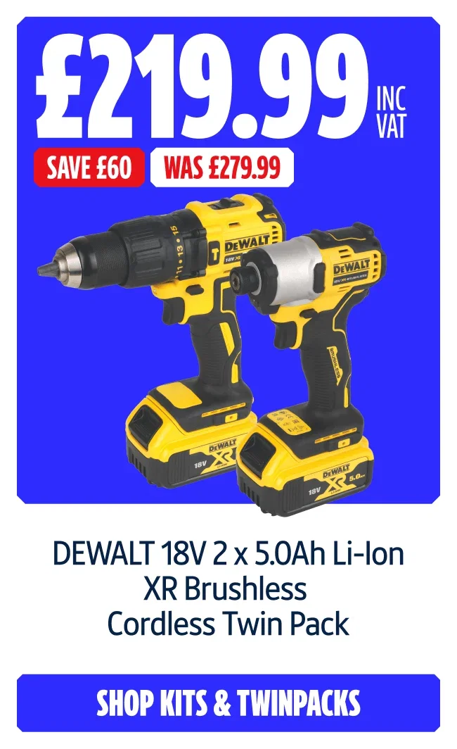Save £60 on DEWALT 18V 2 x 5.0Ah Li-Ion XR Brushless Cordless Twin Pack. Now £219.99 inc VAT Was £279.99. Shop Kits & Twinpacks