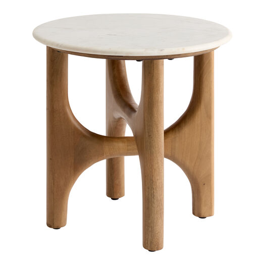 Sheridan Round White Marble Top and Wood Side Table