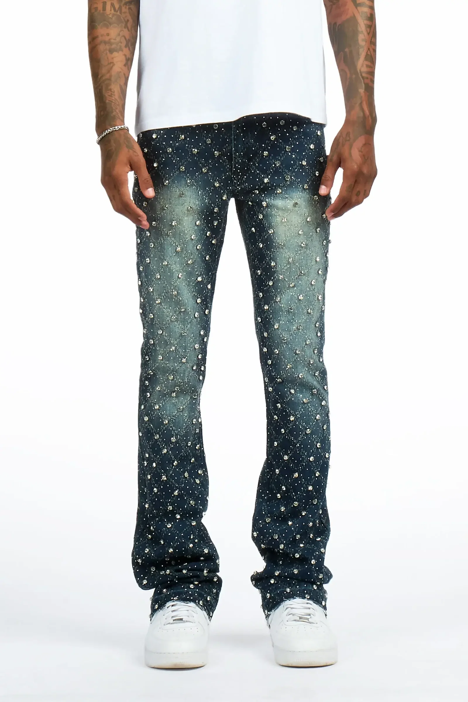 Image of Glit Dark Wash Rhinestone Stacked Flare Jean