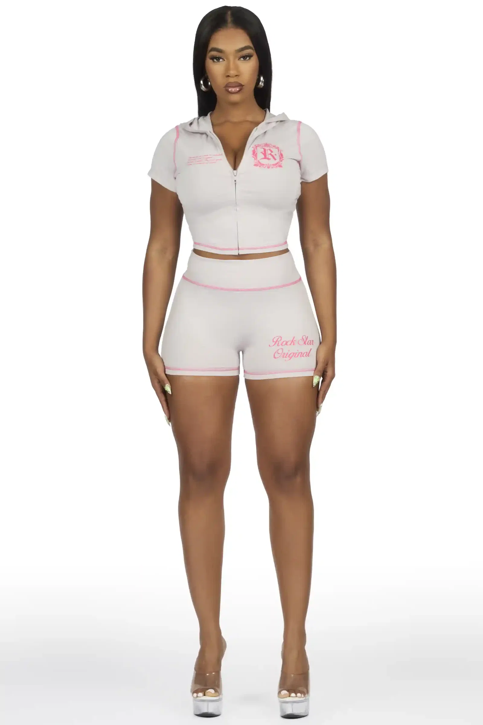 Image of Desmine Grey Short Sleeve Zip Up Short Set