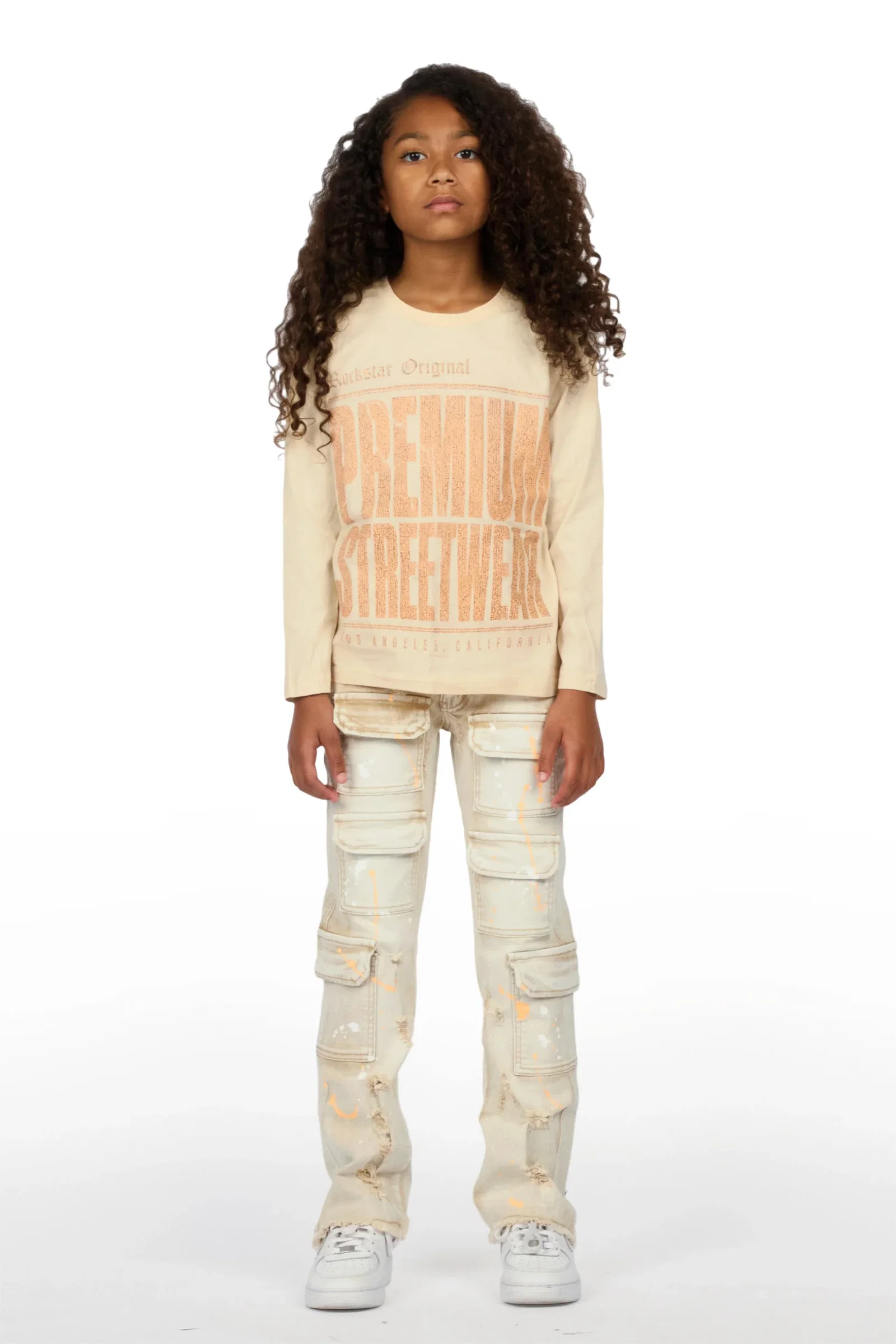 Image of Girls Pluty Beige Long Sleeve T-Shirt Stacked Painter Jean Set
