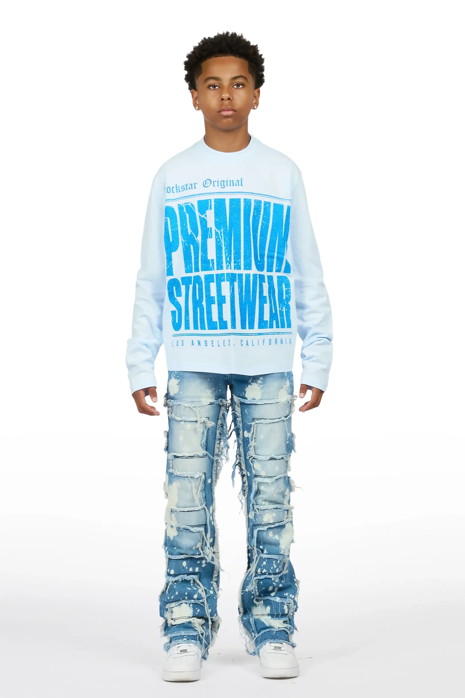 Image of Boys Pluto Light Blue/Blue Long Sleeve T-Shirt Stacked Jean Set