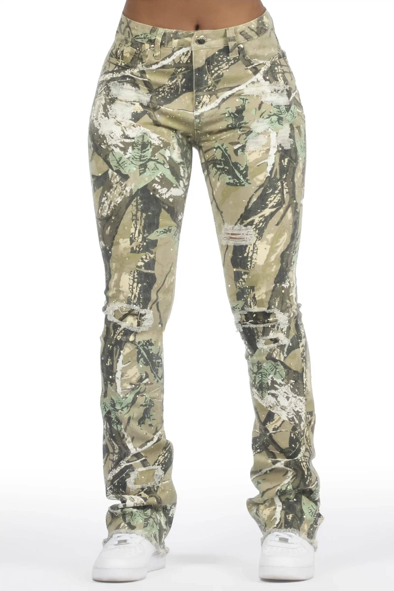 Image of Kelle Tree Camo Rhinestone Stacked Jean