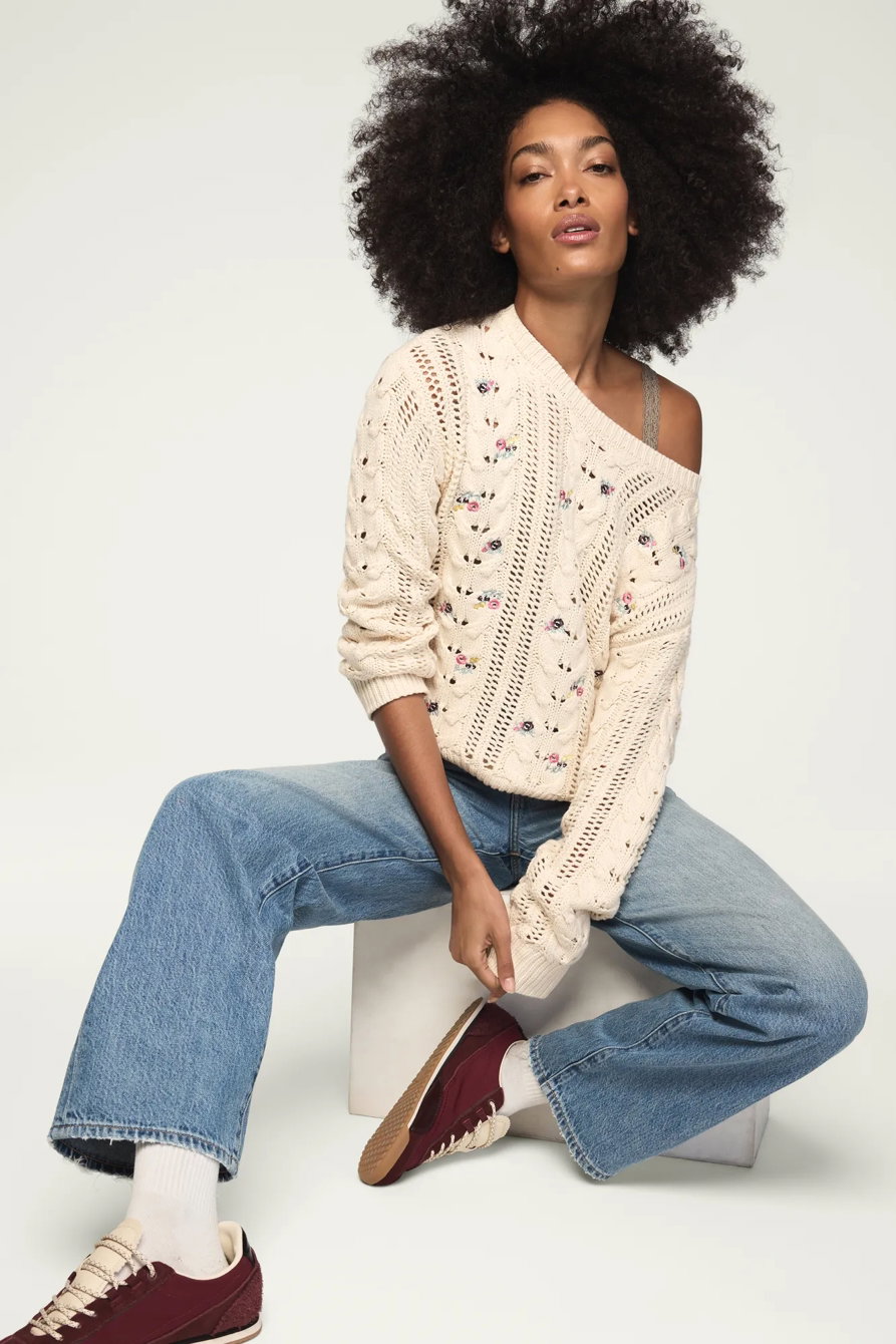 Image of Lucky Brand Floral Embroidered Crew Neck Sweater - Women's Clothing Outerwear Tops Sweatshirts Crewneck Hoodies in Whitecap Gray