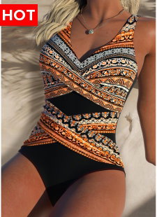 Black Surplice Tribal Print One Piece Swimwear
