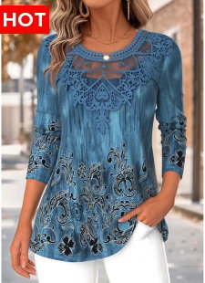 Peacock Blue Tummy Coverage Tribal Print T Shirt