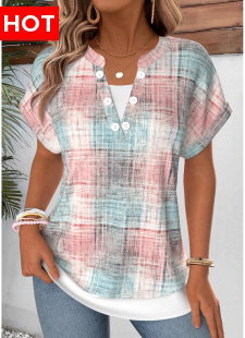 Light Pink Plaid Fake 2in1 Short Sleeve T Shirt
