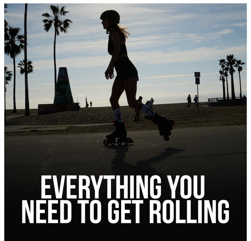 Silhouette of a person rollerblading with text about learning to skate.