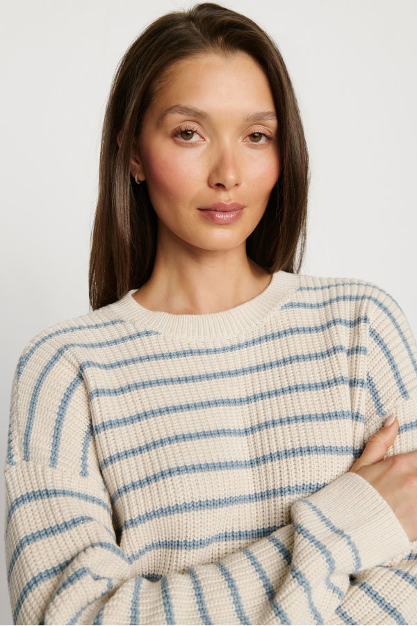 Coastal Cotton Sweater Crew Neck Pullover - Stripe Almond Heather/Faded Denim