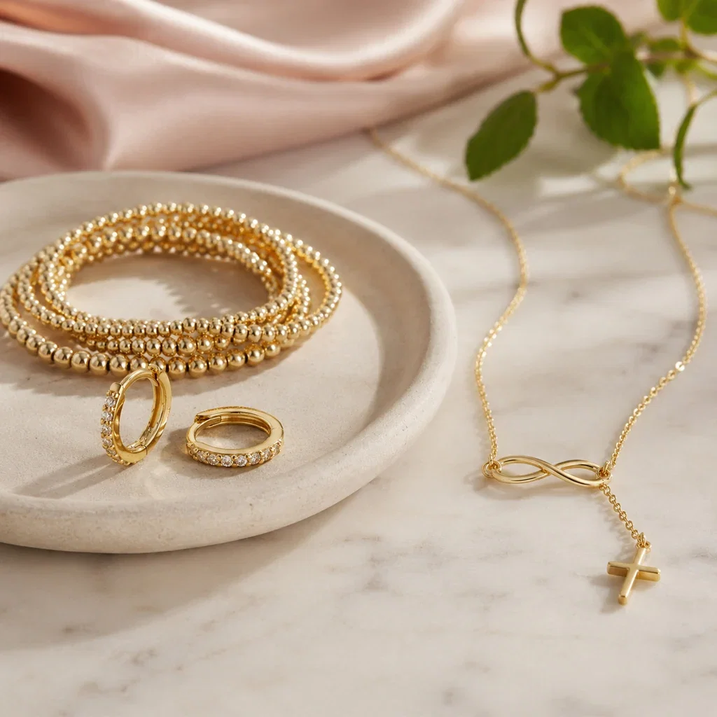 Gold jewelry collection featuring beaded bracelets, diamond rings, infinity necklace and cross pendant on marble surface