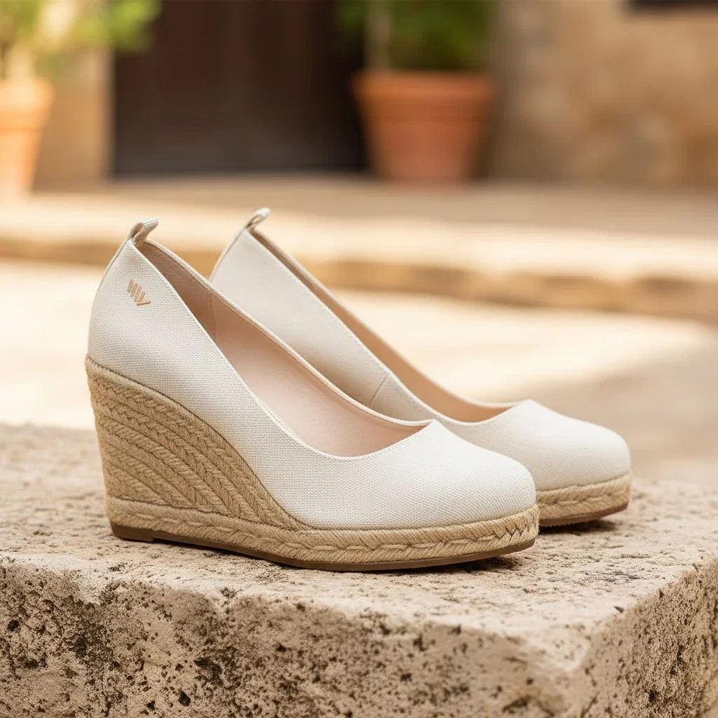 Pair of white canvas espadrille wedge heels with natural jute sole on stone surface