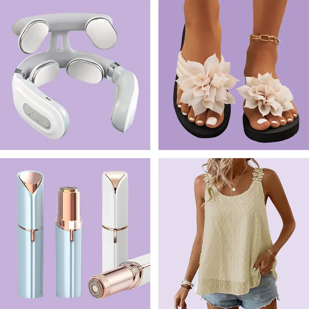 Trending Finds by Leo Rosi: wireless earbuds, floral platform sandals, beauty tools, and cream textured tank top on purple background.