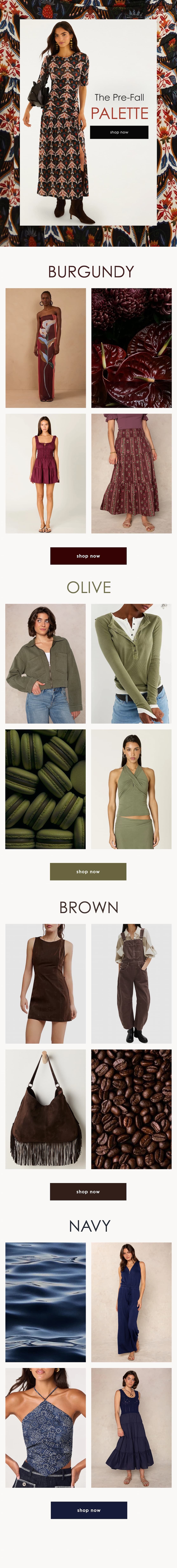 Pre-fall fashion edit featuring women’s styles and inspiration in burgundy, olive, brown, and navy, with dresses, tops, jackets, accessories, and seasonal imagery.