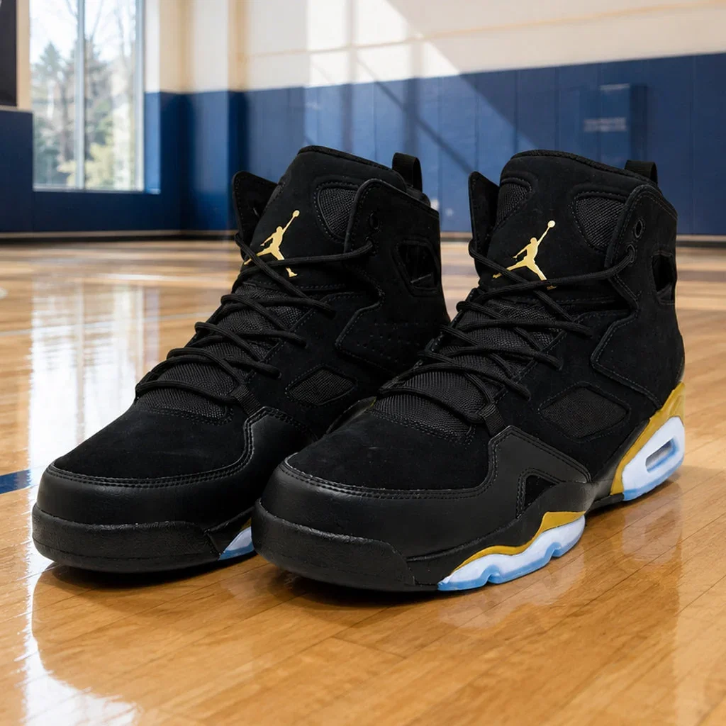 Pair of black and gold Jordan basketball sneakers displayed on a wooden gymnasium floor with blue and white walls.