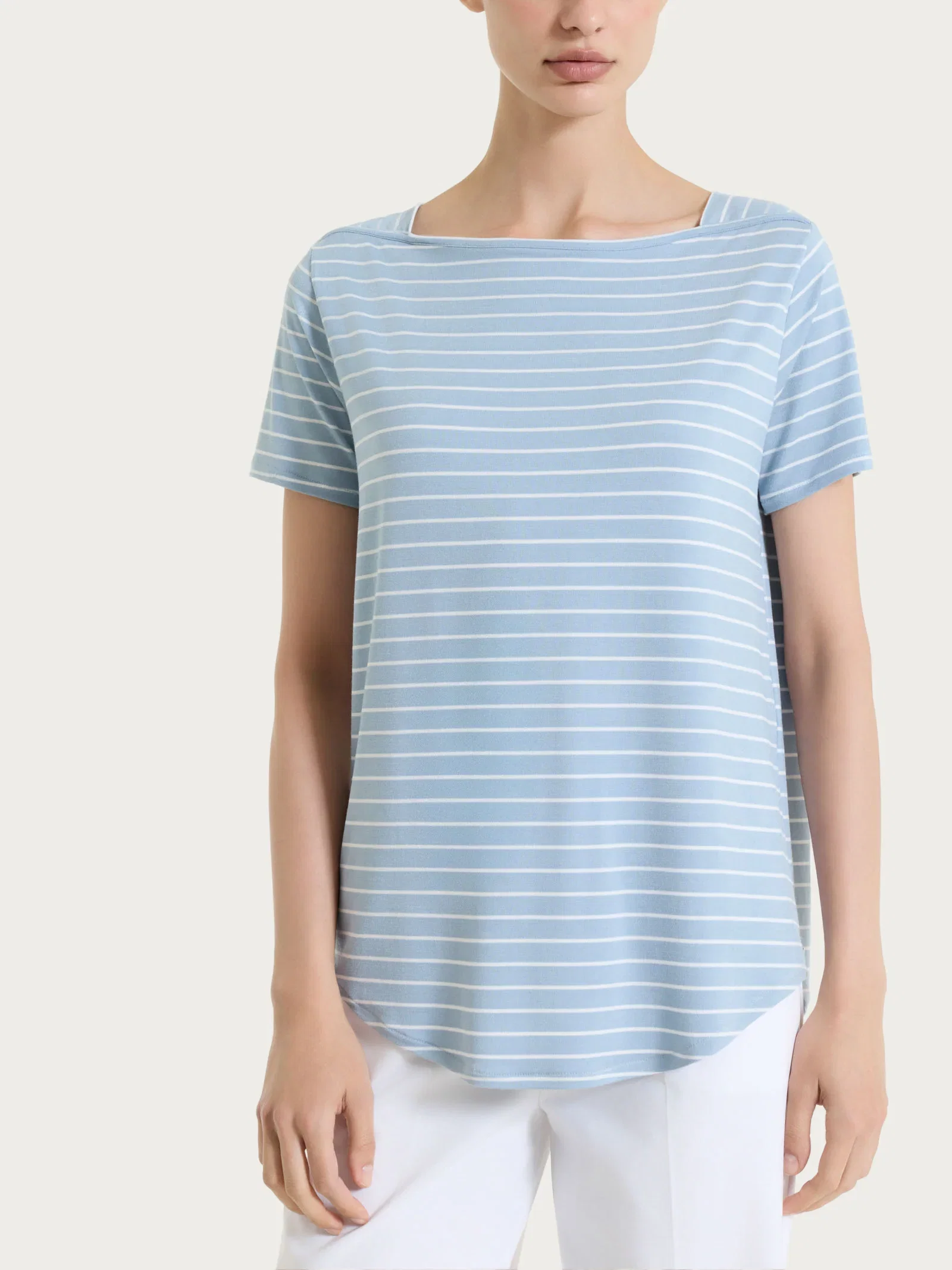 Image of Maglietta a righe con collo a barchetta in Summer Light Piquet - Fant. Dusty Blue