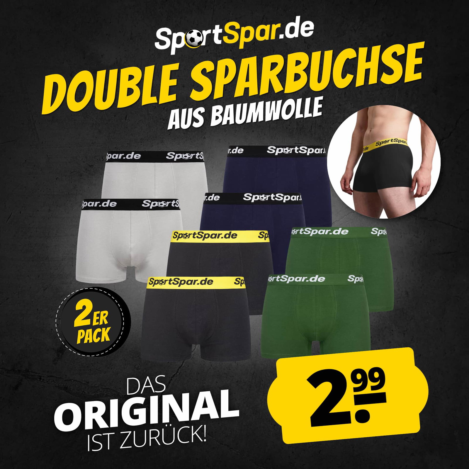 Sportspar.de Herren "Double Sparbuchse" Boxershorts 2er-Pack 