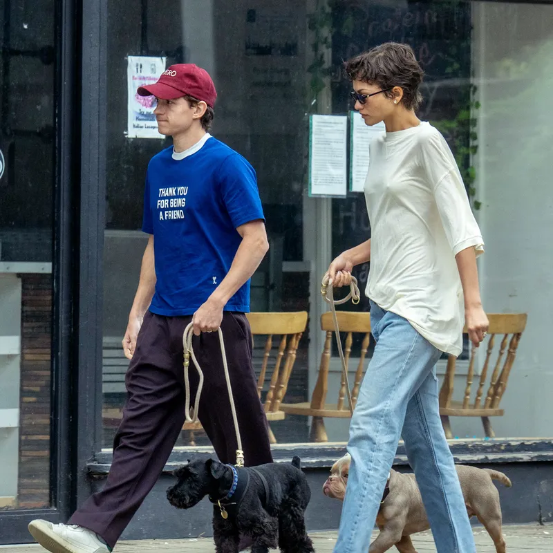 Image may contain: Zendaya, Tom Holland, Person, Teen, Adult, Animal, Canine, Dog, Mammal, Pet, Clothing, Footwear, and Shoe