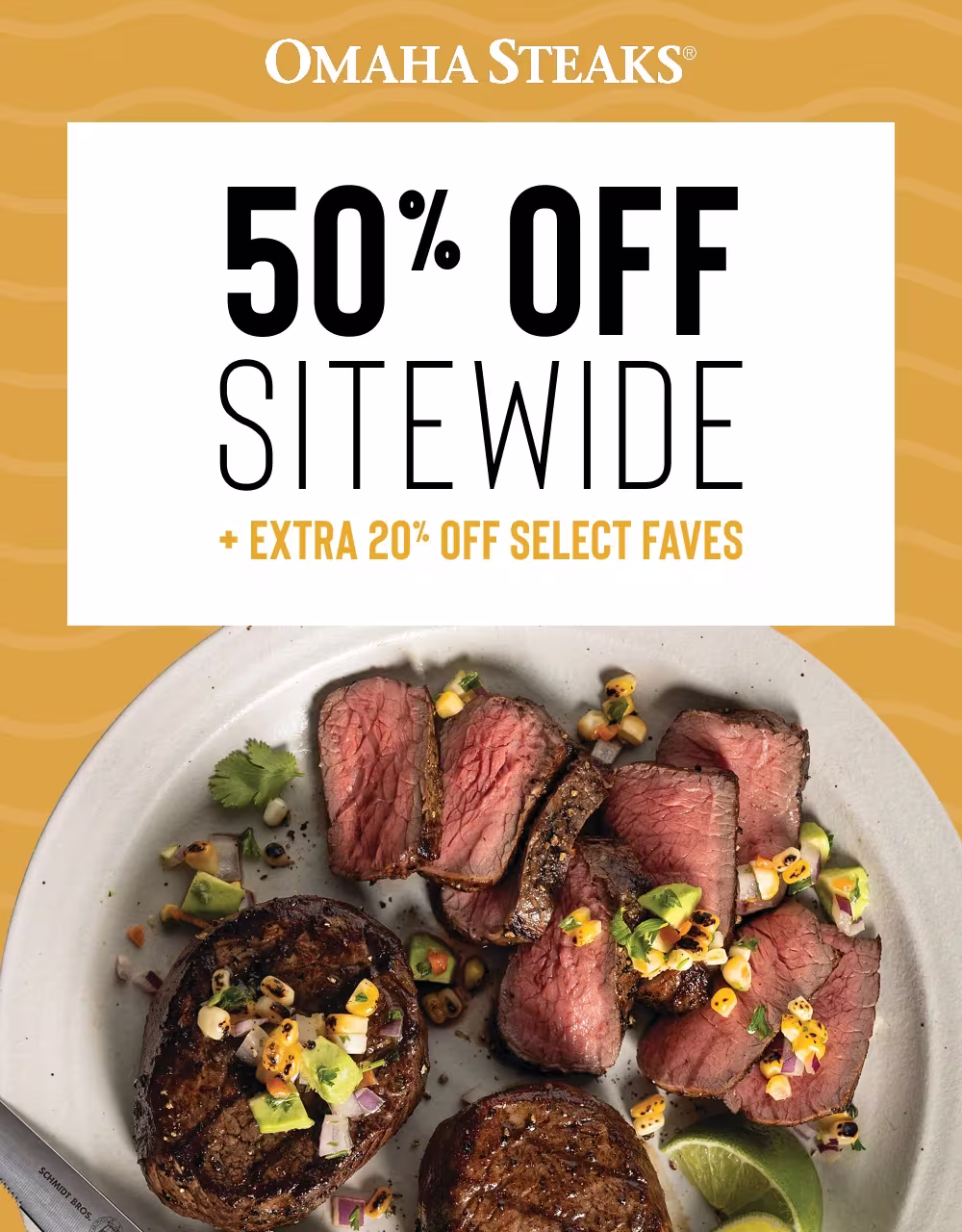OMAHA STEAKS®

50% OFF
 SITEWIDE 
+ EXTRA 20% OFF SELECT FAVES
