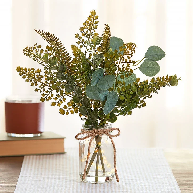 Image of Greenery Mix Floral Vase Bouquet With Fairy Lights