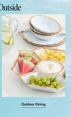 Outdoor dinnerware with fruit on it. Outdoor dining.