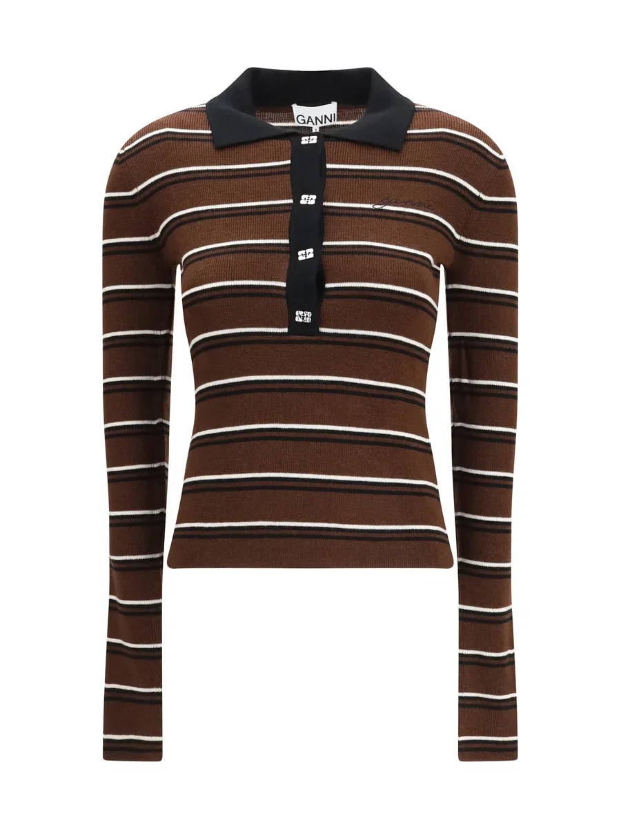 Ganni Striped Polo Shirt Brown
