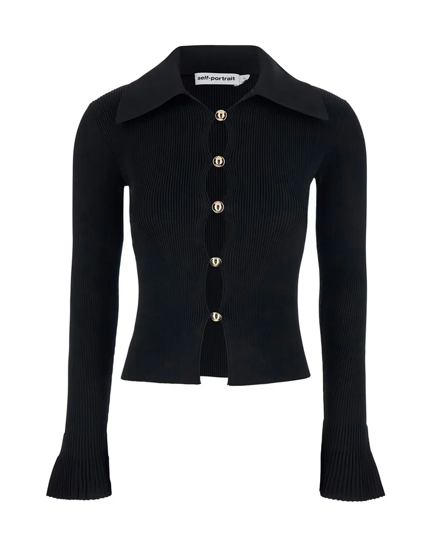 Self-Portrait Ribbed Viscose Cardigan Black