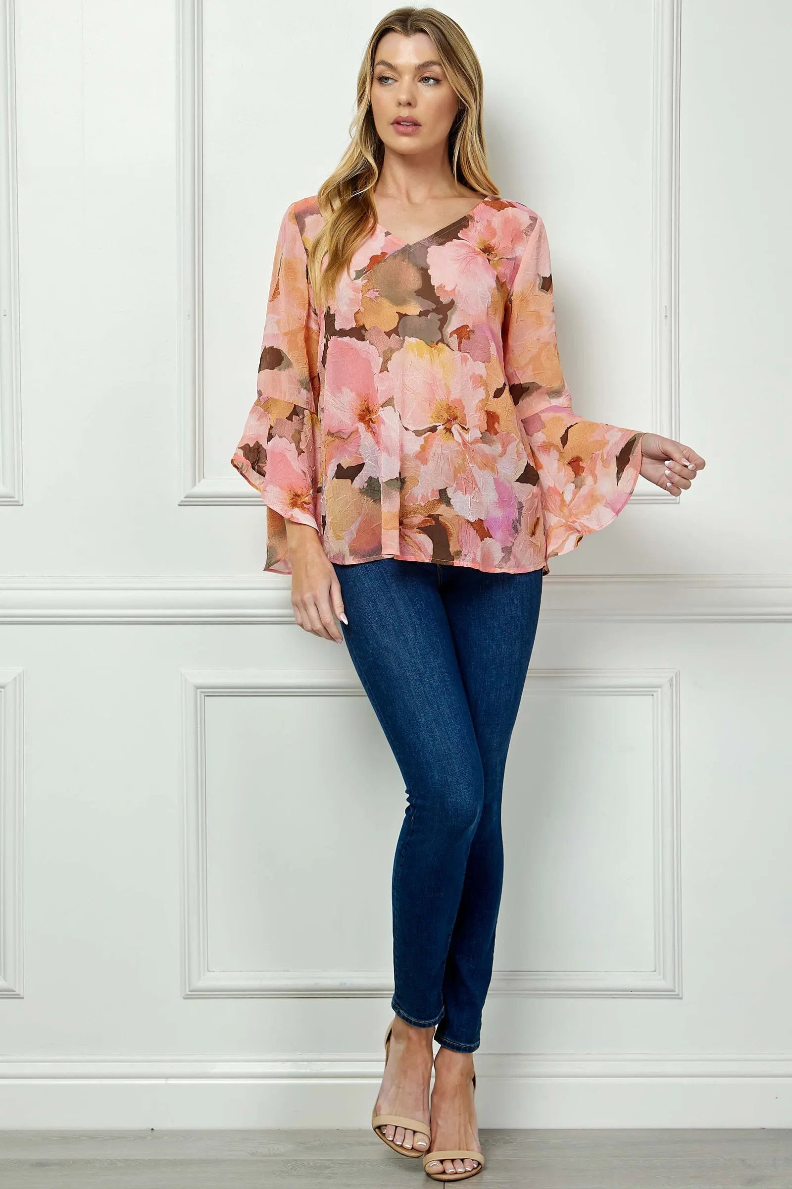 Image of 3/4 Ruffle Sleeve V-Neck Swing Blouse in Yellow/Peach/Brown