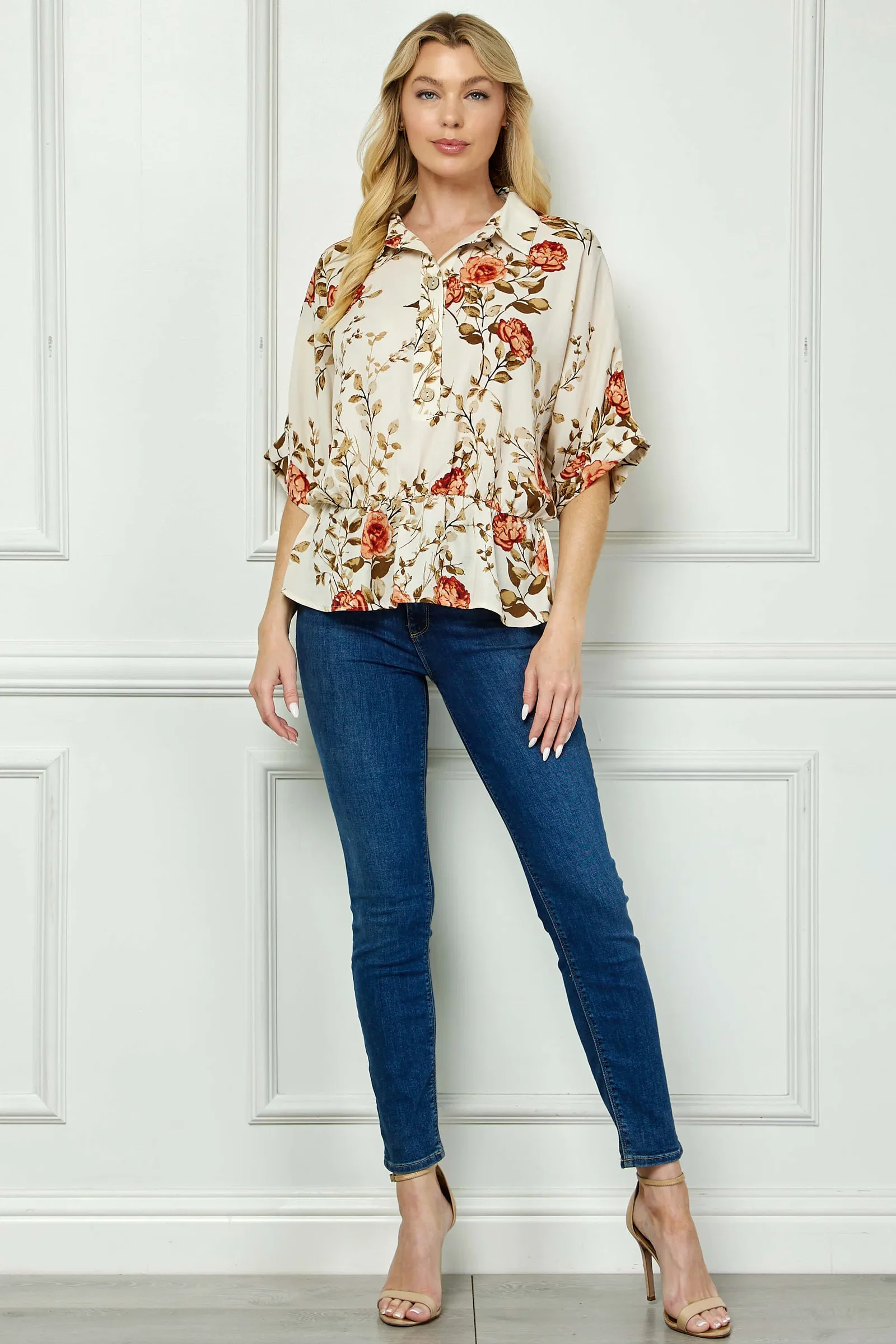 Image of Dolman Sleeve Elastic Waist Popover Blouse in Cream/Rust/Olive