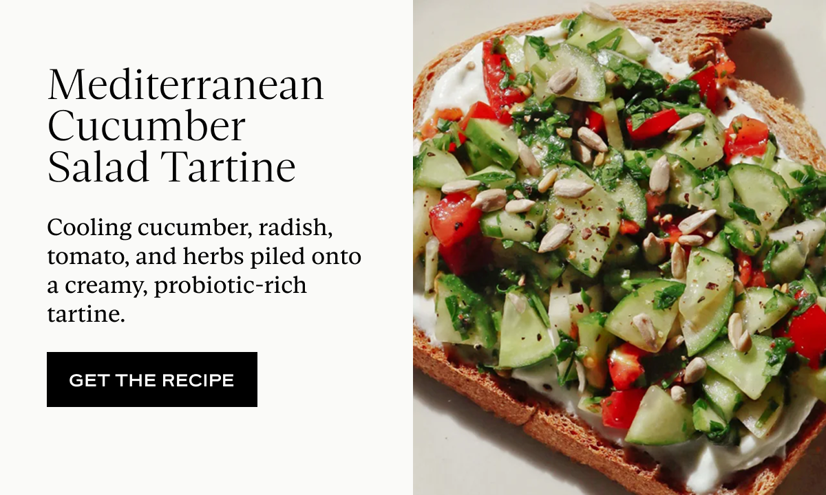 Mediterranean Cucumber Salad Tartine: A bright mix of juicy mango, crisp cucumber, herbs, and fonio for the late-summer table.
