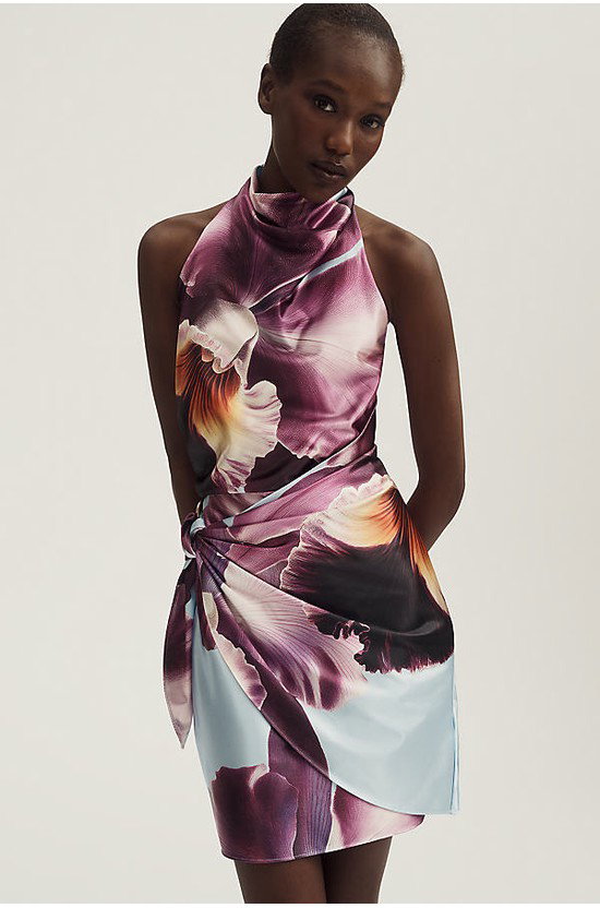 Maeve Draped Halter Satin Mini Dress