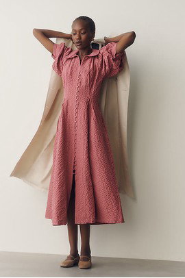 English Factory Puff-Sleeve Textured Midi Shirtdress