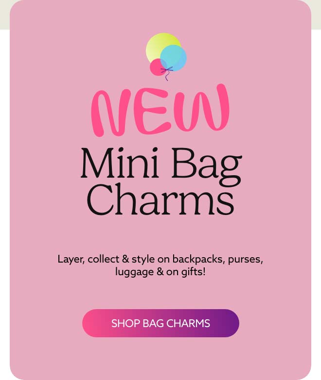 A pink text card. Shop Bag Charms.