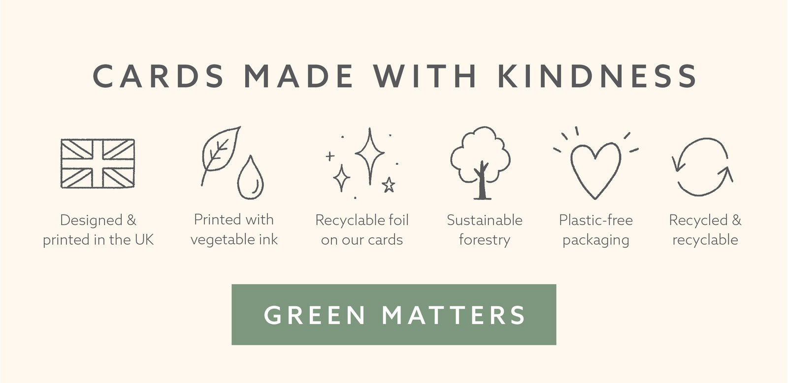 Cards made with kindness. Designed and printed in the UK using vegetable inks, recyclable foil, sustainable materials, plastic-free packaging and recycled, recyclable components.