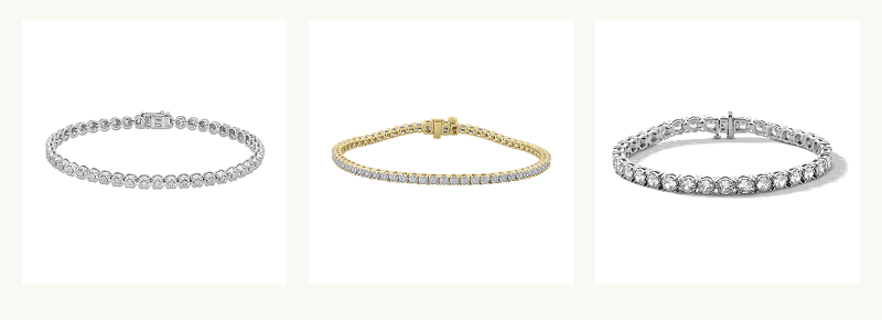 Three tennis bracelets set in different metals.