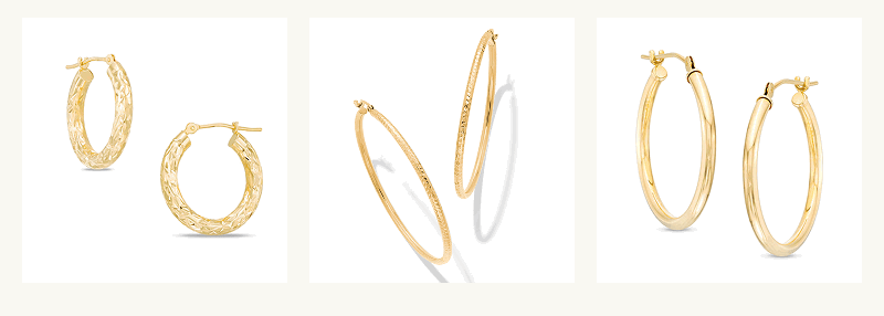 Three variations of gold hoop earrings  that are different sizes, thickness & textures.